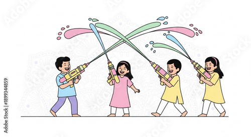 Children playing Holi with water guns splashing colors celebrating Indian festival vector illustration on white background