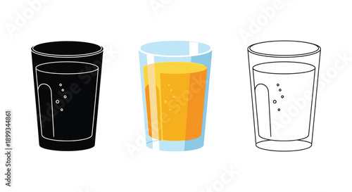 Set of three orange juice glass icons in solid black silhouette, colored illustration, and outline drawing styles