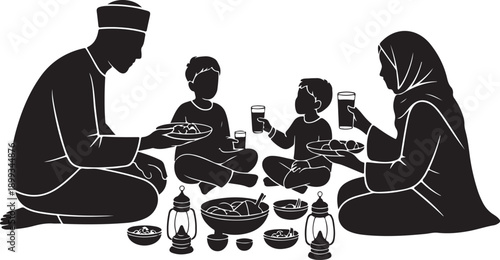Silhouette of a Muslim Family Having Iftar Dinner Together, Ramadan Community and Tradition Illustration