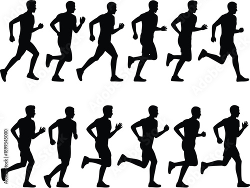 Running man silhouette animation sequence, sprinting motion frames, male athlete running cycle, fitness sport action, flat vector illustration