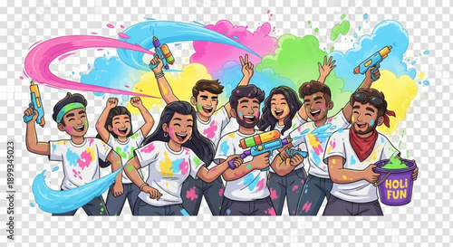 Diverse group of friends celebrating Holi festival with colorful powder and water guns joyful outdoor activity and cultural celebration concept