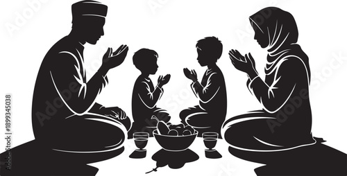 Silhouette of Muslim family sitting together breaking fast at iftar vector illustration