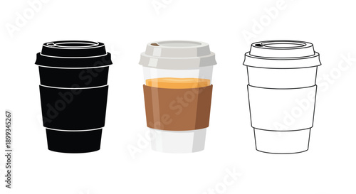 Set of three coffee cup icons shown in black silhouette, colored coffee illustration, and outline drawing styles