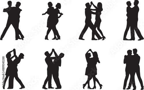 Silhouettes of romantic couple isolated on white background collection set. Happy couple dancing together vector silhouette set.