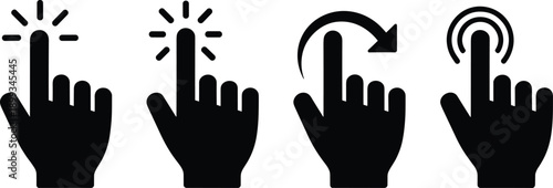 Touch gesture hand icons showing tap press swipe and hold actions, mobile touchscreen interaction concept, flat vector illustration