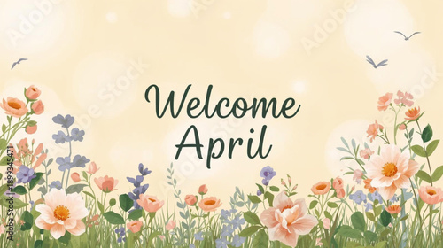 Vibrant floral welcome to April with colorful flowers and birds