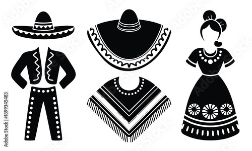 Set bundle cinco de mayo silhouette icons mexican traditional outfit