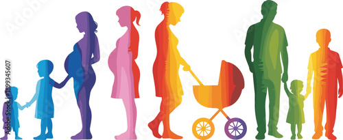 Colorful family life silhouettes illustration, parents children and stroller representing motherhood, fatherhood, childhood, parenting stages and social diversity flat vector
