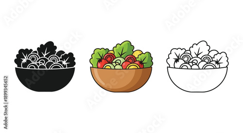 Set of three salad bowl icons shown in black silhouette, colored illustration, and outline drawing styles