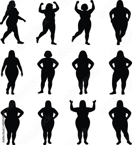 Plus size woman silhouette set showing confident standing and dancing poses, body positive female figures isolated, flat vector illustration