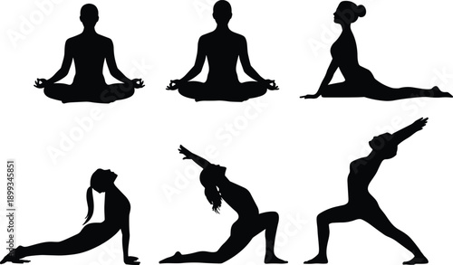 Yoga poses silhouettes illustration set, woman practicing meditation and stretching exercises representing mindfulness, flexibility, balance, wellness and fitness flat vector