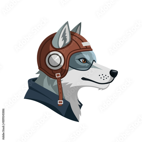 Cartoon Wolf Pilot Wearing Aviator Helmet and Goggles