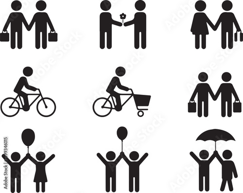 Stick figure couple man, woman, male, female, boy, girl, spending time. Shopping, dating, giving present, riding bike, standing with balloons, dancing, hiding under umbrella icon vector pictogram