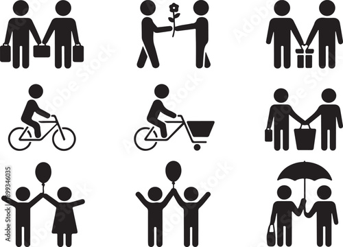Stick figure couple man, woman, male, female, boy, girl, spending time. Shopping, dating, giving present, riding bike, standing with balloons, dancing, hiding under umbrella icon vector pictogram