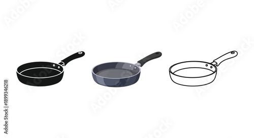 Set of three frying pan illustrations in solid black, shaded gray, and outline drawing styles