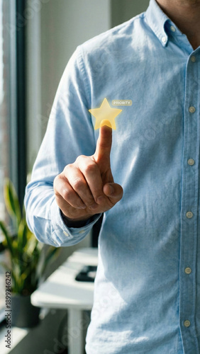 Businessman finger touch star icon digital priority concept high level planning with businessman finger touch star icon digital priority concept