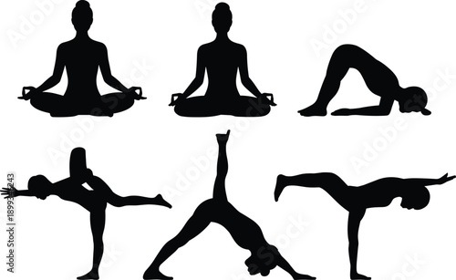 Yoga poses silhouettes illustration set, woman practicing meditation, balance and stretching exercises representing mindfulness, flexibility, wellness and fitness flat vector