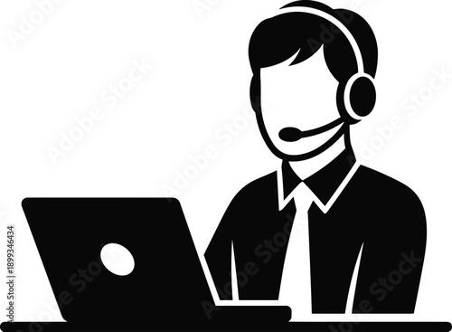 Customer support agent silhouette illustration, call center operator using laptop with headset representing online service, technical support and communication flat vector