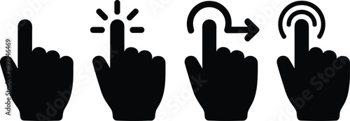 Touch gesture hand icons showing tap double tap swipe and hold actions, mobile touchscreen navigation concept, flat vector illustration