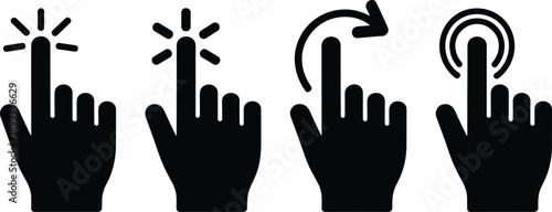 Touch gesture hand icons showing tap press swipe and hold actions, mobile interface navigation concept, flat vector illustration set