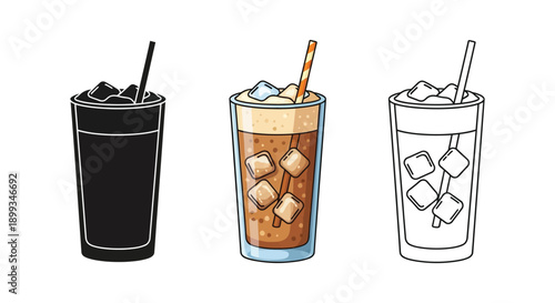 Set of three iced coffee drink illustrations shown in black silhouette, colored drawing, and outline styles
