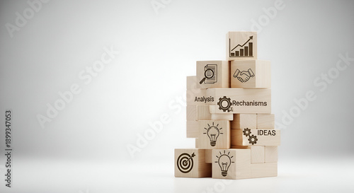 Stacked blocks with icons showing business development stages
