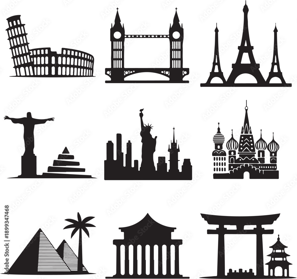Fototapeta premium Vector black landmarks icons set
