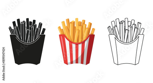 French fries icon set shown in black silhouette, color illustration, and outline drawing of fried potato sticks in cartons