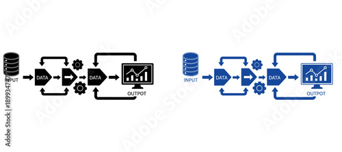 Data Processing Workflow Infographic: System Information Pipeline from Input Database to Output Analytics Dashboard with Gears and Arrows representing Automation