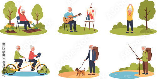 Vector illustration set of active elderly people engaging in hobbies like gardening, playing guitar, exercising, cycling, and fishing.