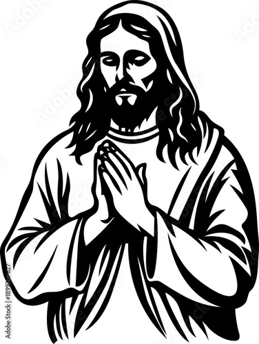 A classic depiction of a serene figure with hands clasped in prayerful reflection