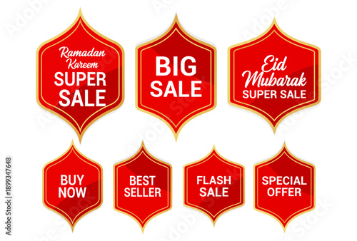 Collection of red sale badges and labels for advertising and promotions isolated on white background