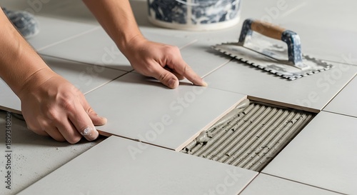 Hand placing ceramic tiles on a floor with adhesive for home renovation