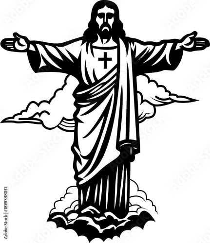 Classic depiction of jesus christ with outstretched arms on a cloud
