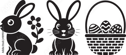 Vector Silhouette Set of Easter Symbols Bunny Rabbit Egg and Basket with Eggs
