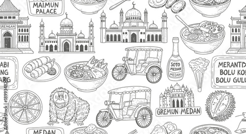 Cultural Exploration, Iconic Landmarks, Medan, Illustration, Urban Environment, Aerial View, Heritage Insights