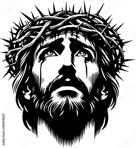The crown of thorns depicted on a solemn and contemplative face