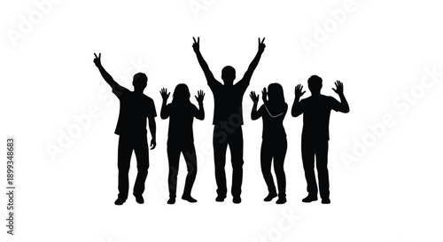 Group of people celebrating with raised arms a striking silhouette