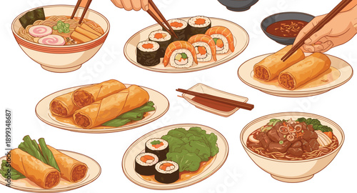 Delicious vector collection of Asian cuisine featuring ramen bowls, sushi rolls, and crispy spring rolls with dipping sauce.