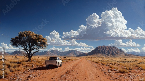 A pickup truck drives down a long dirt road towards distant mountains under a blue sky filled with fluffy clouds
