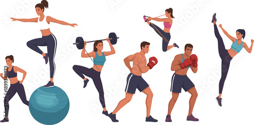 Vector illustration collection of diverse people performing various fitness activities including weightlifting, boxing, jogging, and stretching.