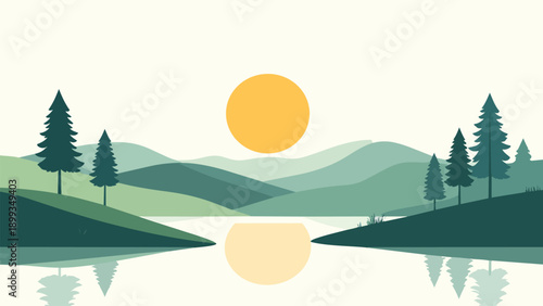 A vibrant vector illustration of a summer forest landscape featuring green trees and majestic mountains under a sunset sky with a peaceful river and meadow scene