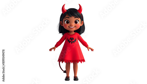 Happy 3D cartoon little girl character in red devil costume with horns and tail for Halloween celebration isolated on white background