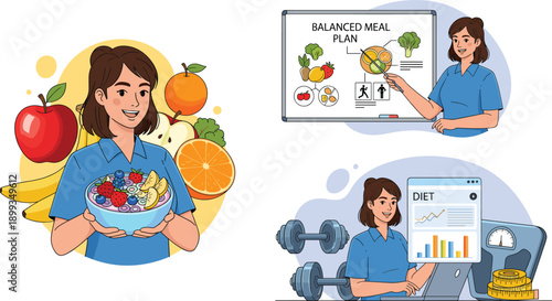 Professional nutritionist illustrating a balanced meal plan and healthy diet concepts with fresh fruits and fitness tracking tools.