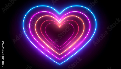 Neon heart shapes glowing in vibrant blue, pink, and warm champagne tones on dark background creating captivating light effect