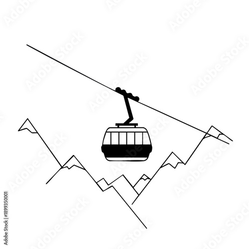 Black and white ski lift ascending over mountain peaks