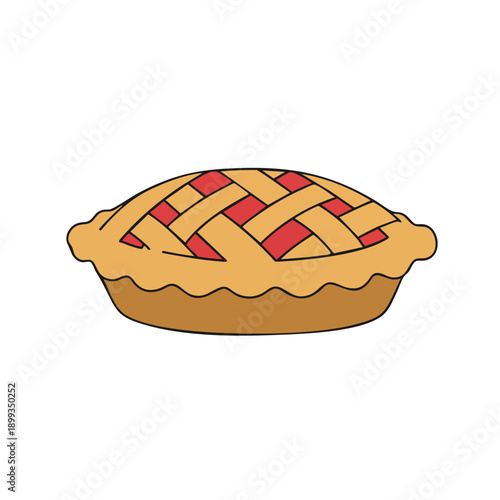 Cartoon style pie with lattice crust and crimped edge, filled with red fruit