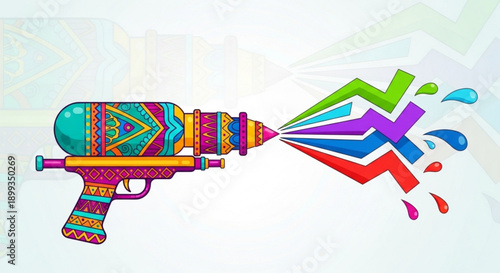 Colorful Water Gun Shooting Paint on White Background