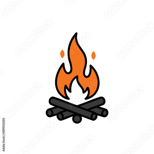 Cartoon campfire with orange flames and black logs, outlined in black