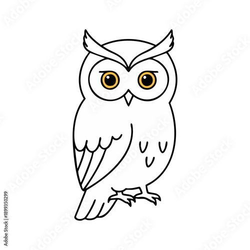 Cartoon owl with golden eyes, outline style, perched and staring